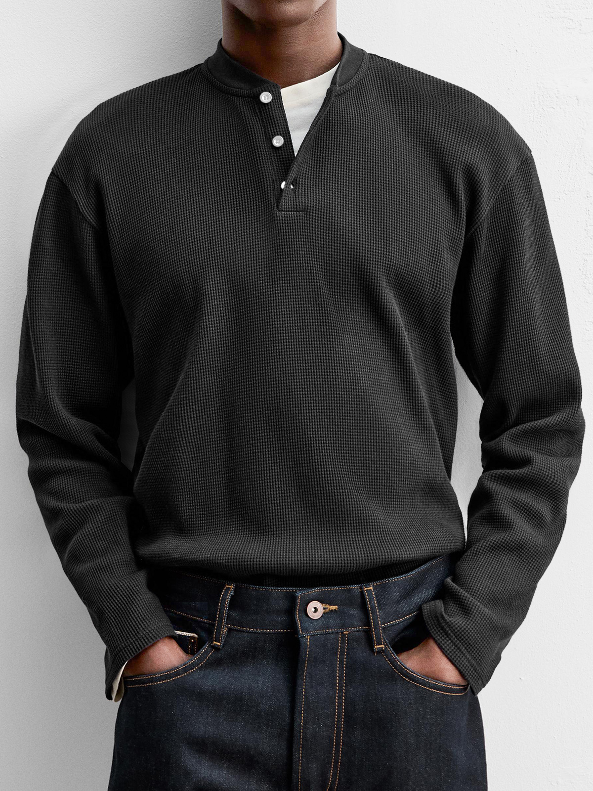 Men's Everyday Casual Waffle Button Down Long Sleeve Henley