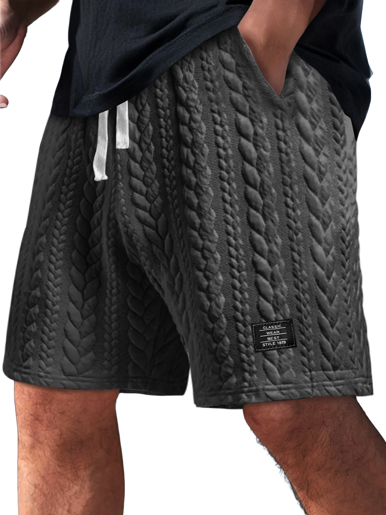 Men's Daily Twist Texture Embroidered Logo Loose Solid Color Shorts