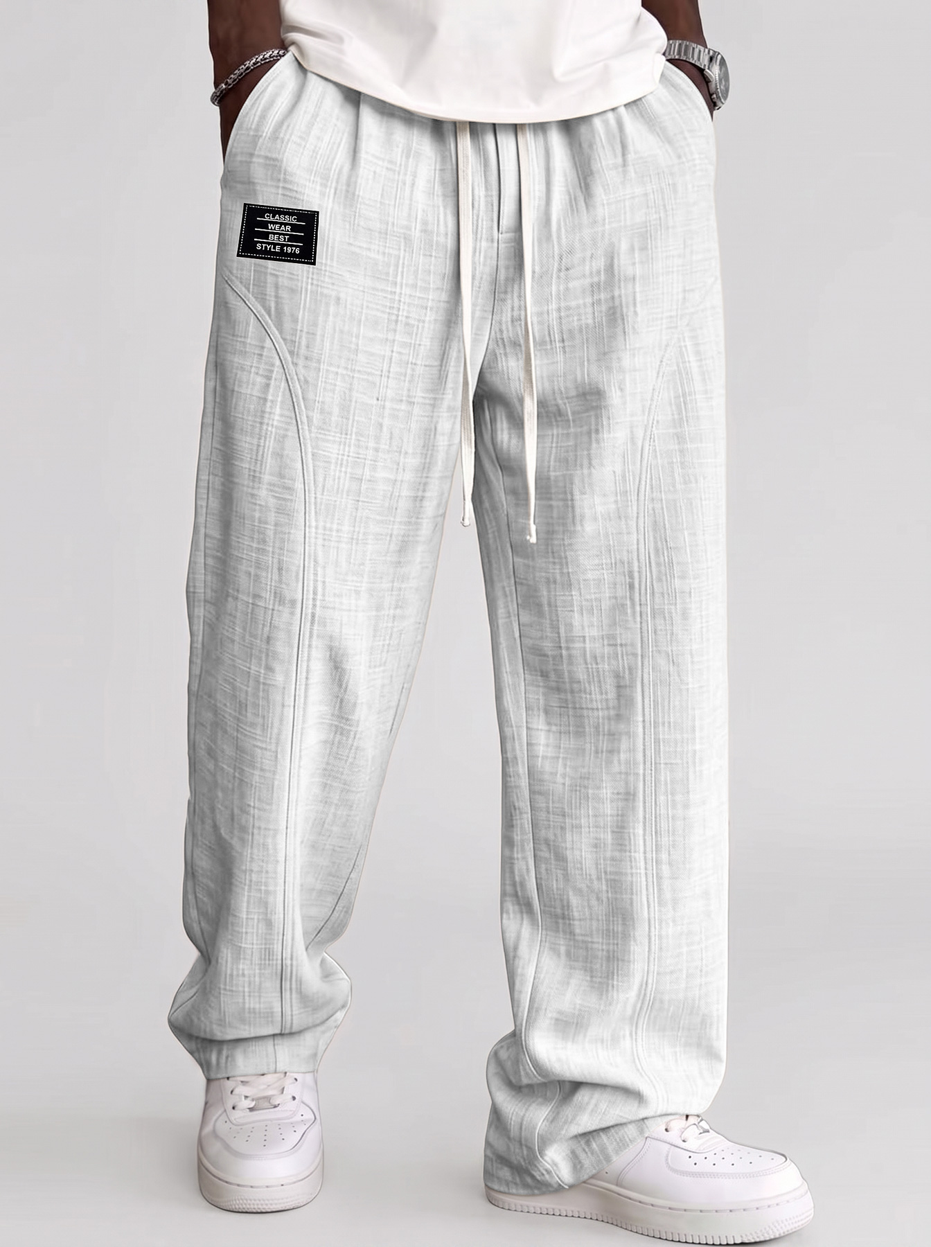 Men's Comfortable Cotton-Linen Casual Trousers with Deconstructed Design and Embroidered Logo