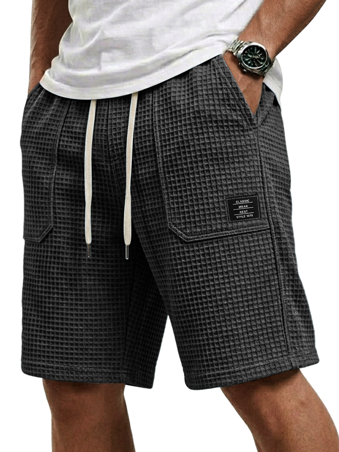 Men's Waffle Patch Pocket Embroidered Logo Casual Shorts