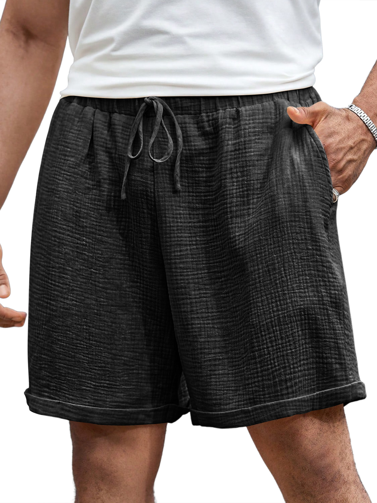 Men's Casual Pleated Elastic Waist Comfort Solid Color Shorts