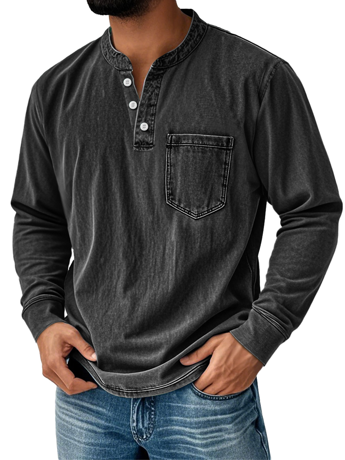 Men's Retro Stand Collar Pocket Casual Distressed Long Sleeve Henley Shirt
