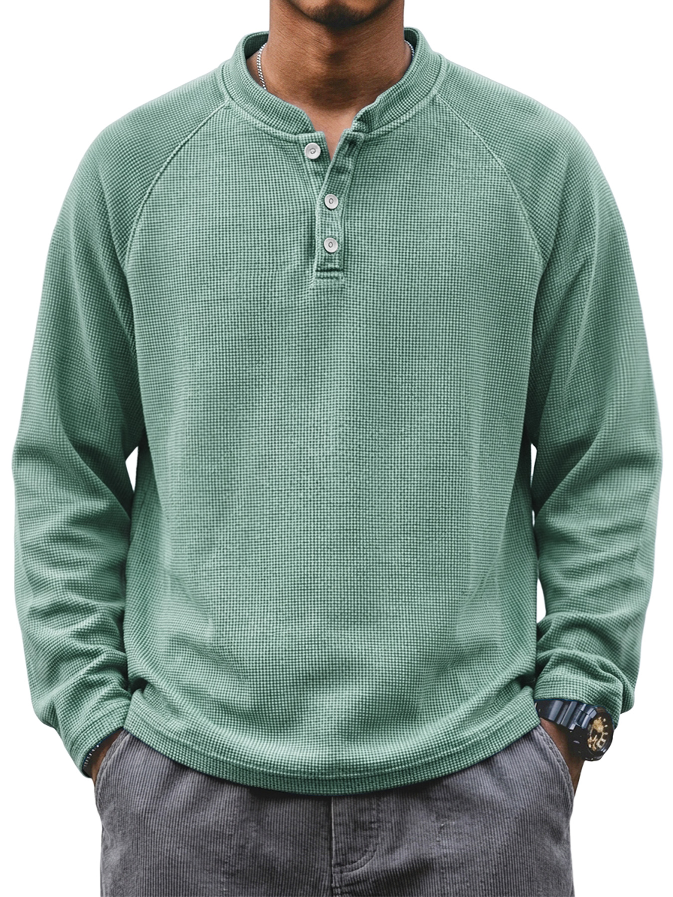Men's Waffle-Knit Casual Long-Sleeve Henley Shirt with Stand Collar and Button Placket