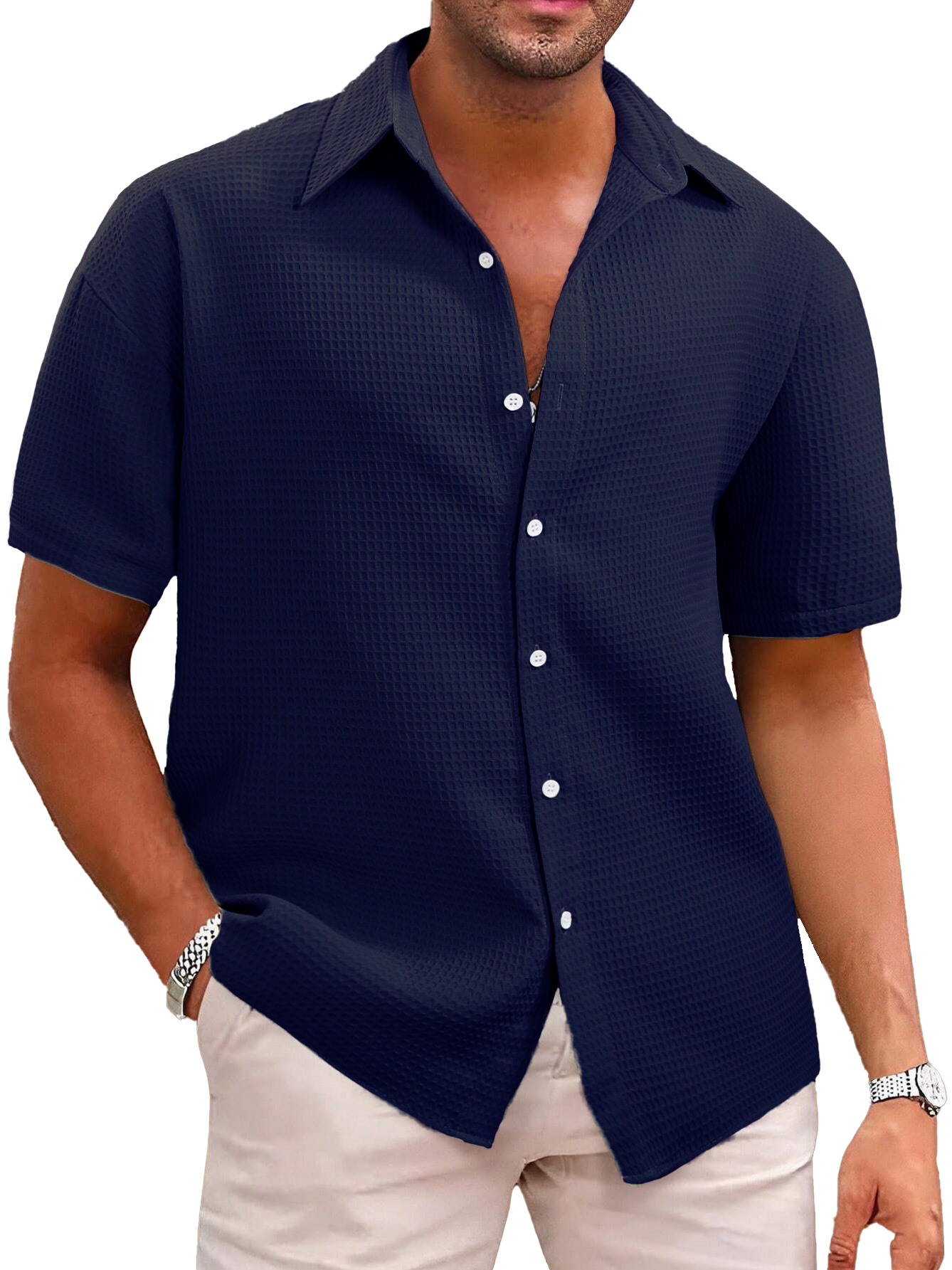 Hawaiian Men's Casual Lapel Waffle Fabric Short Sleeve Shirt