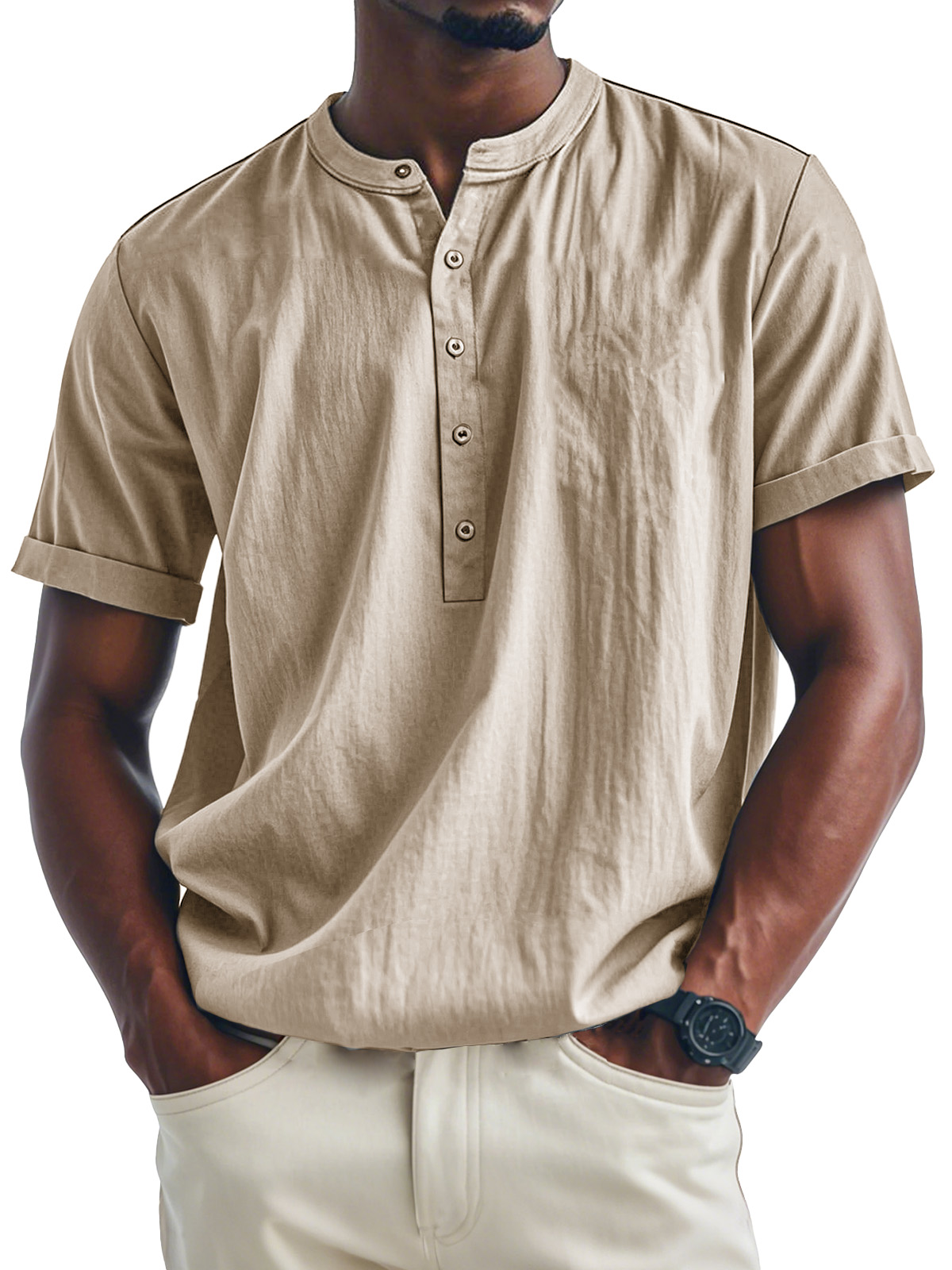 Men's Fashion Casual Stand Collar Multi-Button Short Sleeve Henley Shirt