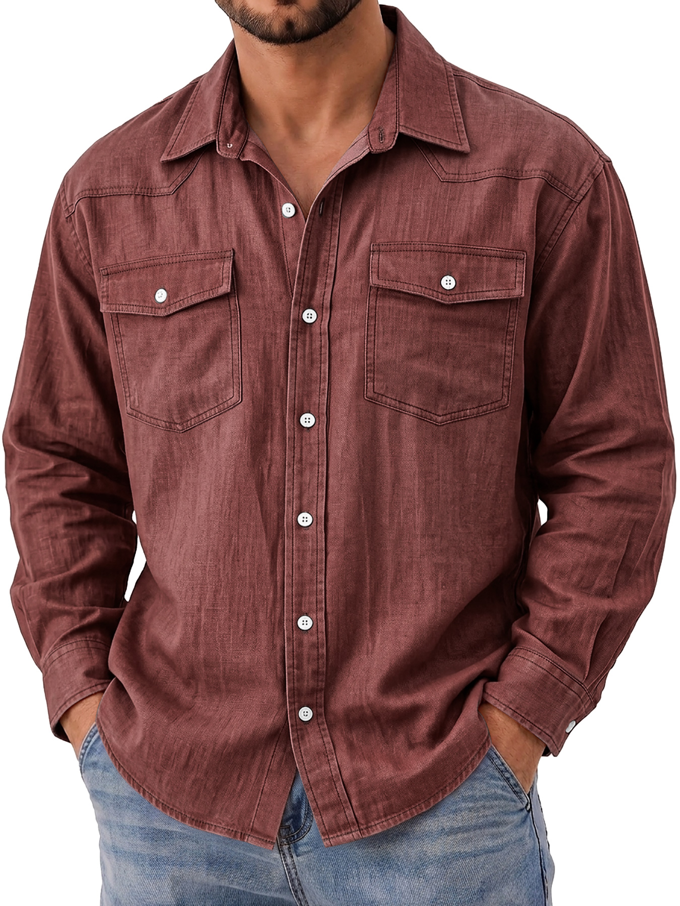 Men's Autumn Casual Long-Sleeve Shirt with Deconstructed Design and Dual Pockets