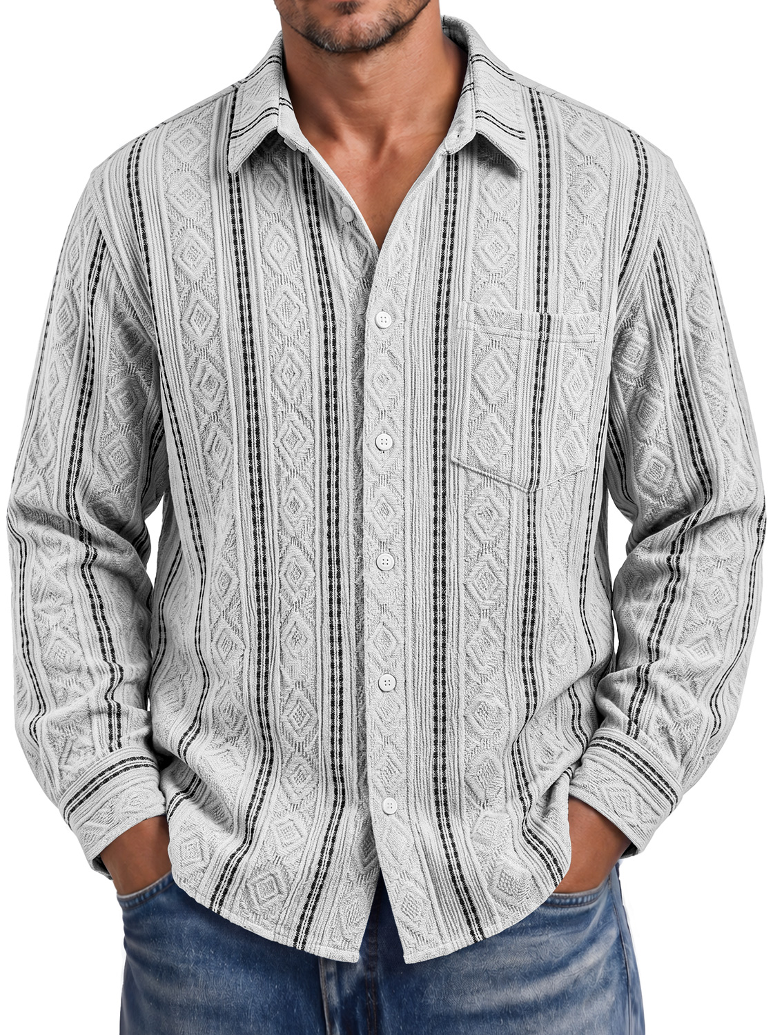 Men's Autumn Casual Long-Sleeve Shirt with Jacquard Texture