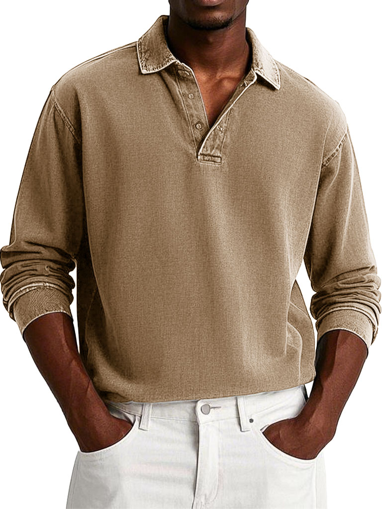 Men's Fashion Casual Retro Distressed Lapel Long-sleeved Polo Shirt 