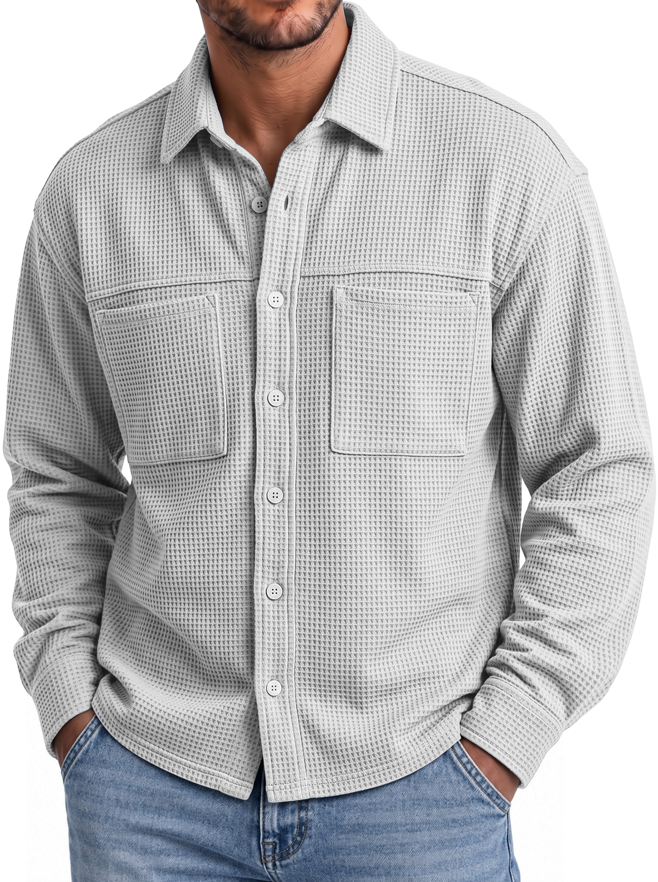 Men's Autumn Casual Long-Sleeve Waffle-Knit Shirt with Dual Pockets