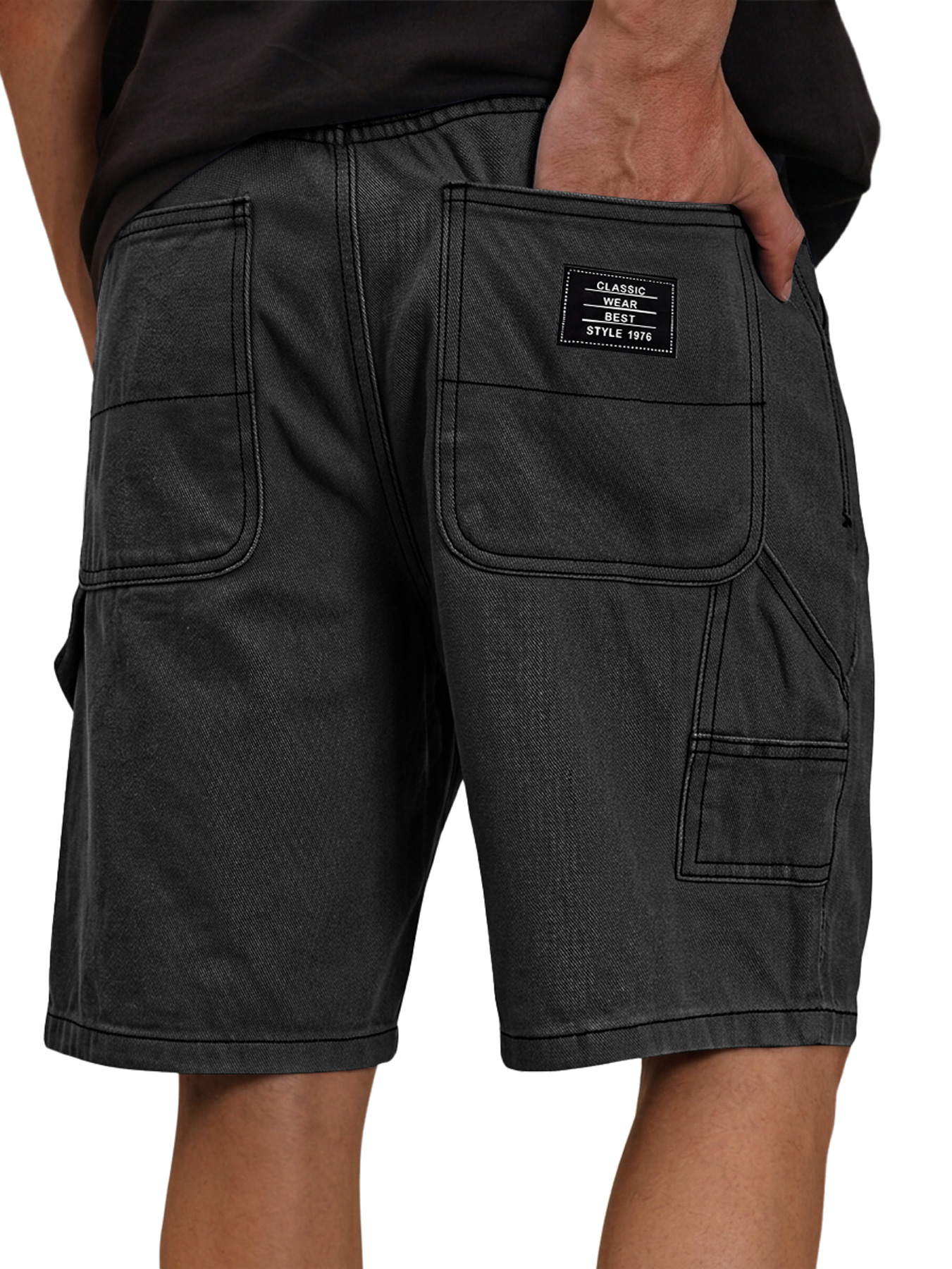 Men's Casual Solid-Color Cargo Shorts with Multiple Pockets and Embroidered Logo