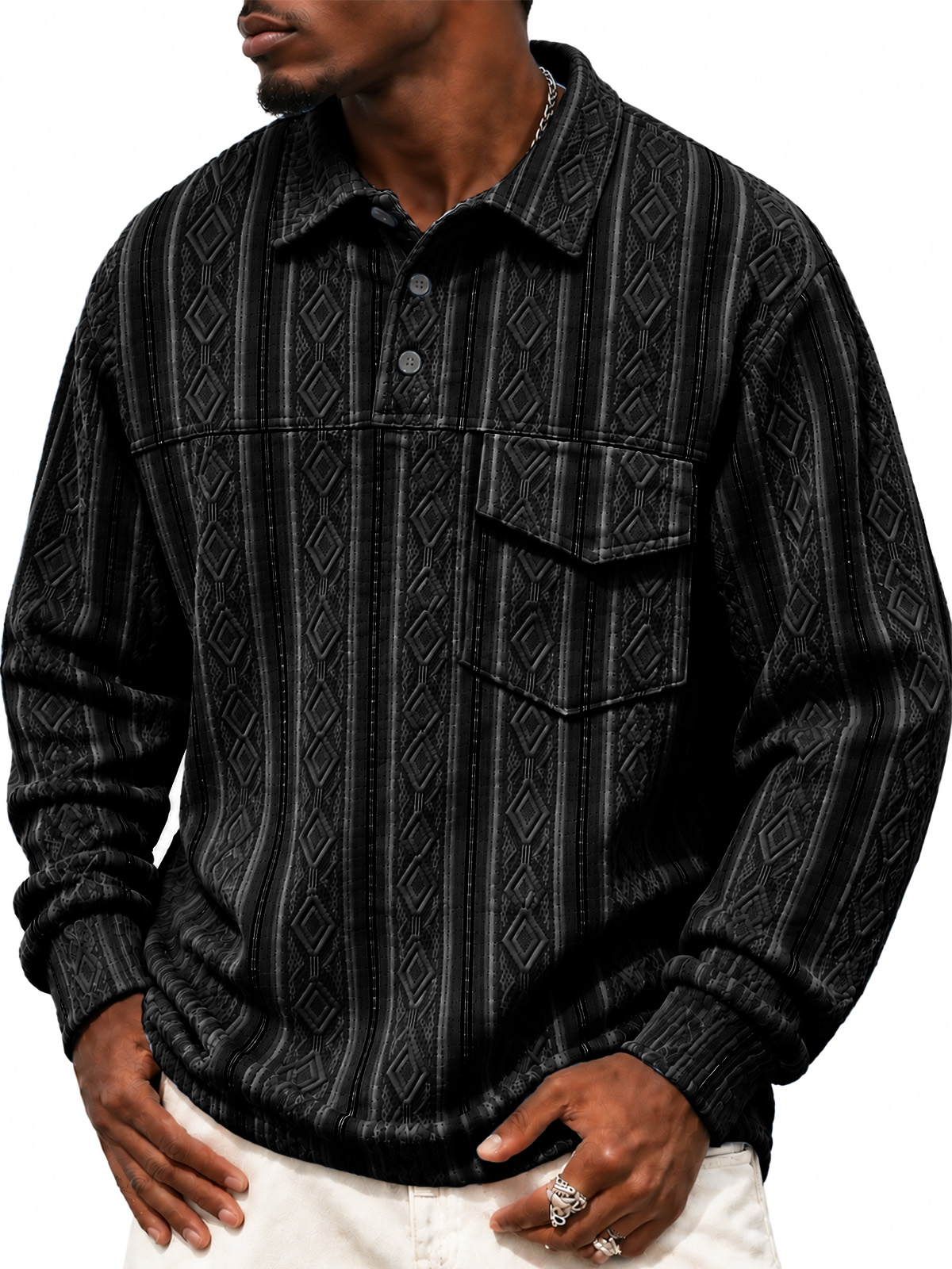 Men's Casual Jacquard Long-Sleeve Polo Shirt