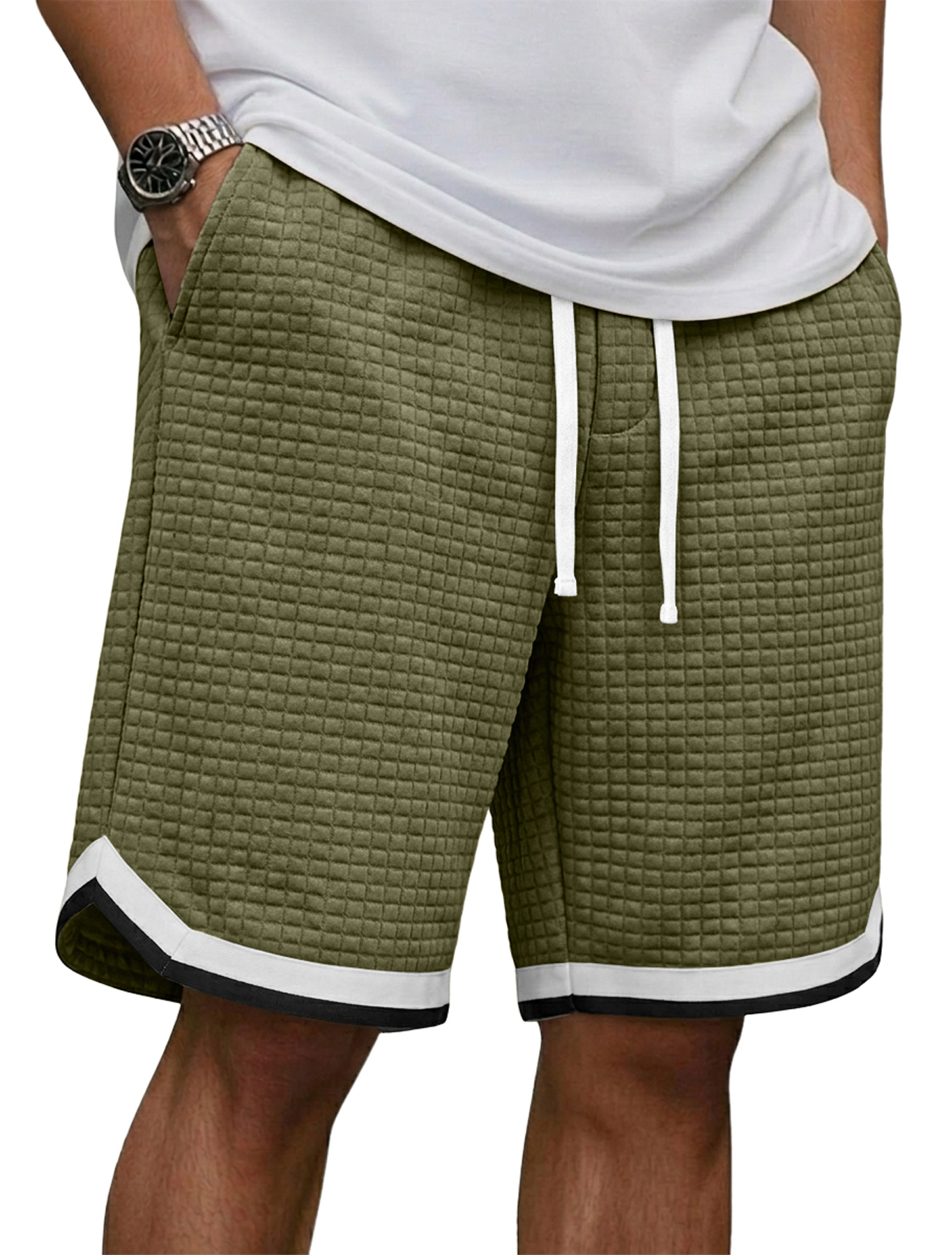 Men's Waffle Webbing Patchwork Casual Loose Shorts