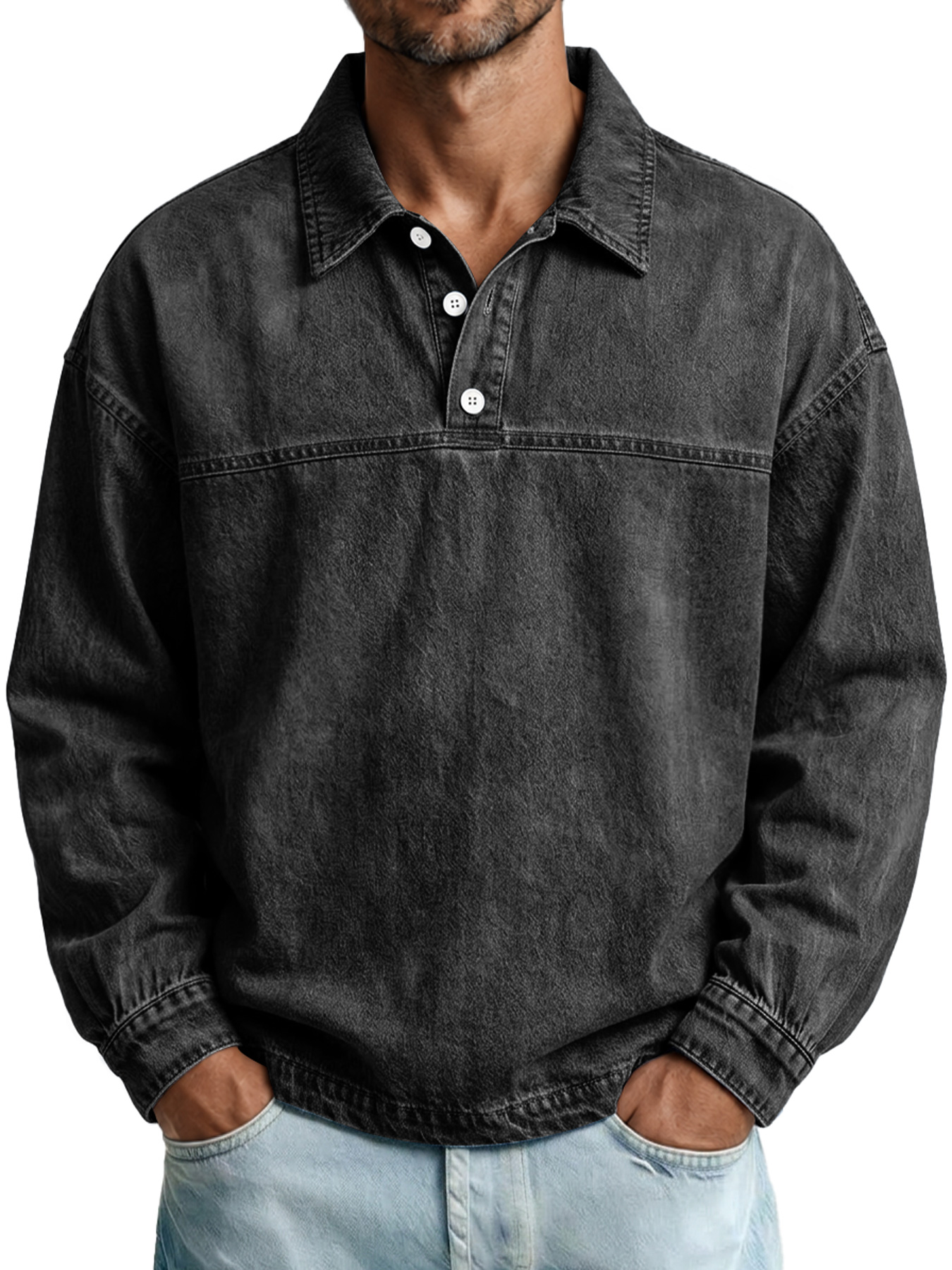 Men's Autumn Vintage Washed Cotton Long-Sleeve Casual Polo Shirt with Stitching Detail