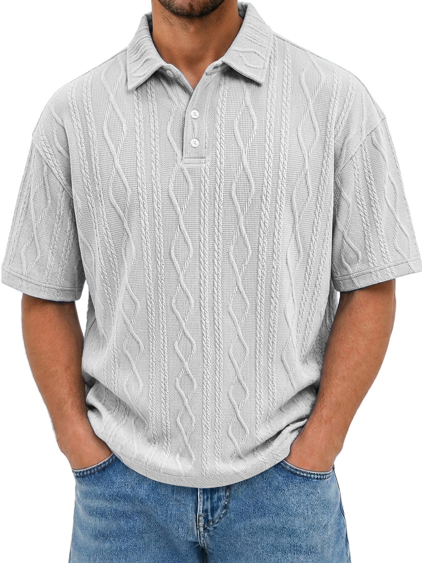 Men's Short-Sleeve Jacquard-Texture Polo Shirt with Collar and Button Placket