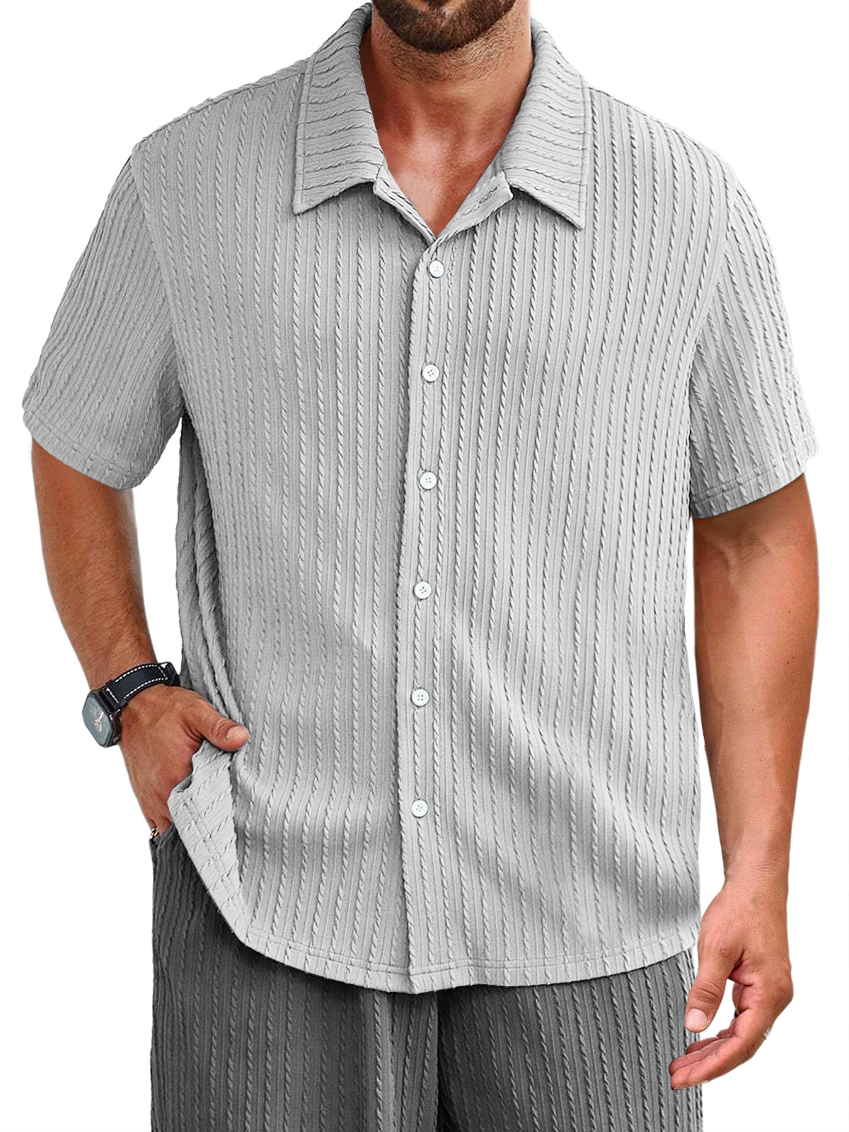 Men's Daily Jacquard Texture Casual Solid Color Short-sleeved Shirt