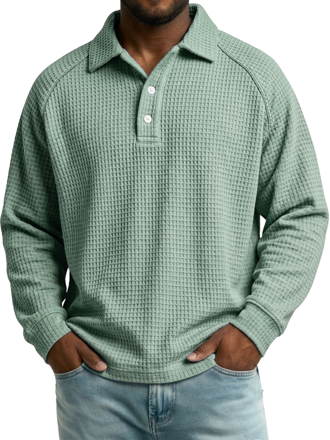 Men's Autumn Casual Waffle-Knit Long-Sleeve Polo Shirt with Raglan Sleeves