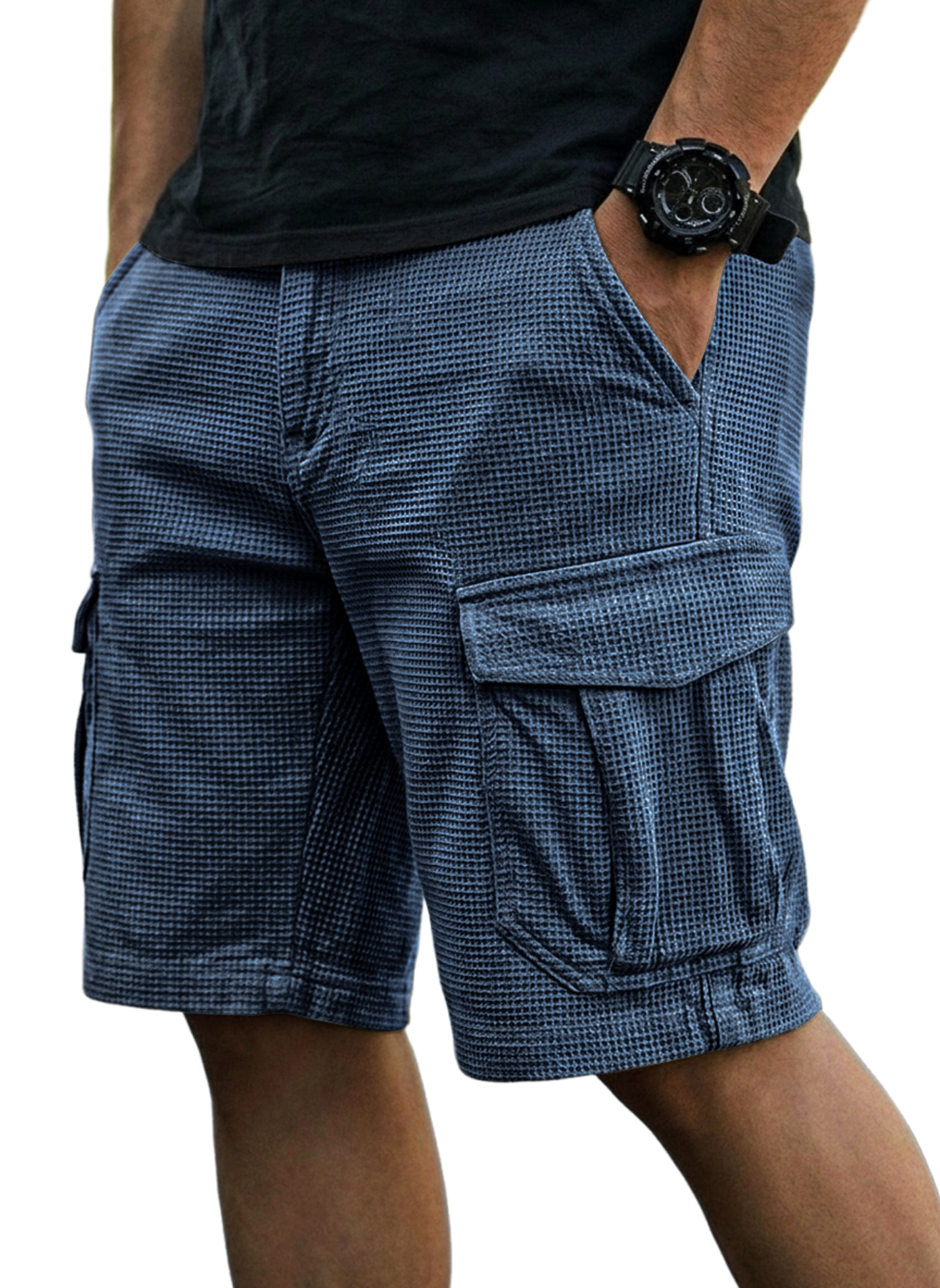 Men's Casual Waffle-Knit Multi-Pocket Cargo Shorts