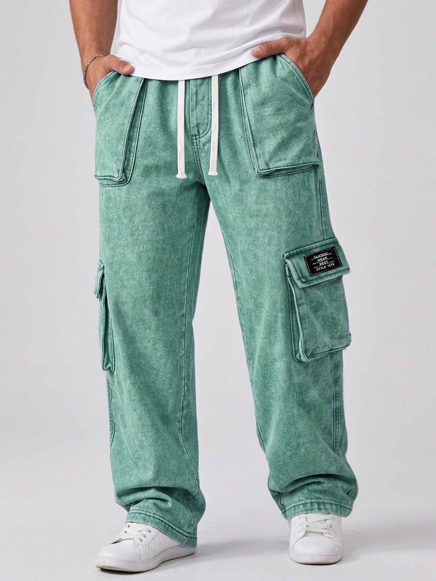 Men's Casual Retro Multi-Pocket Embroidered Logo Cargo Pants