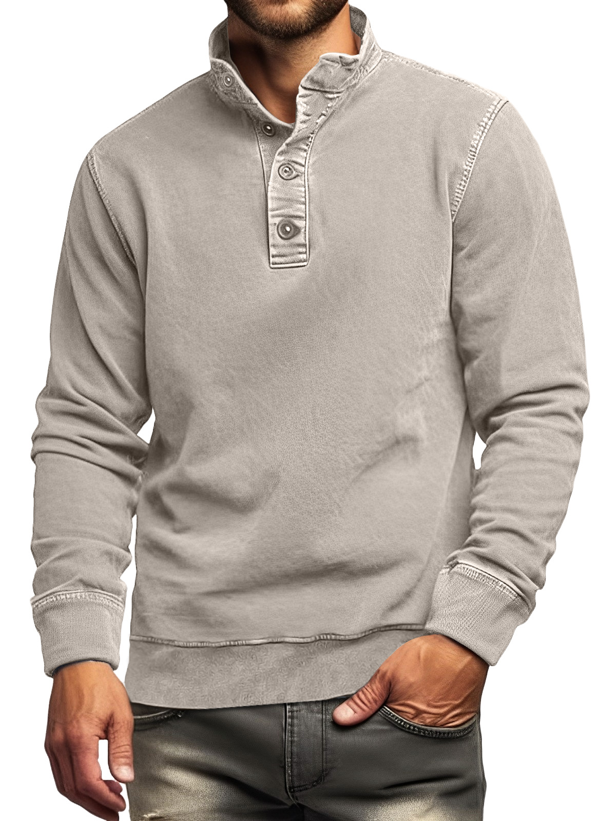 Men's Retro Casual Stand Collar Button Solid Color Sweatshirt