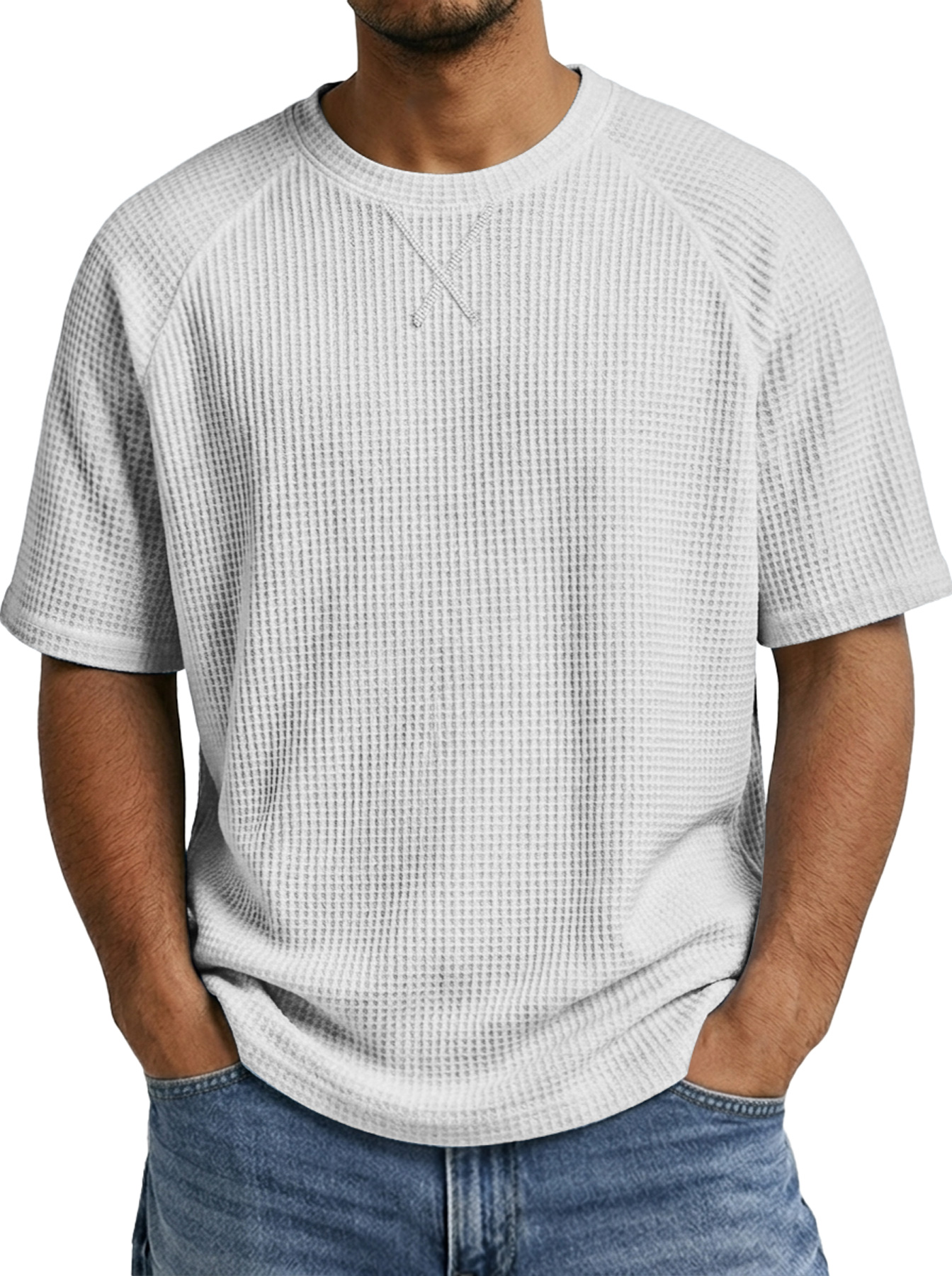 Men's Crew Neck Raglan Waffle Crossover Design Casual Short-Sleeve T-Shirt