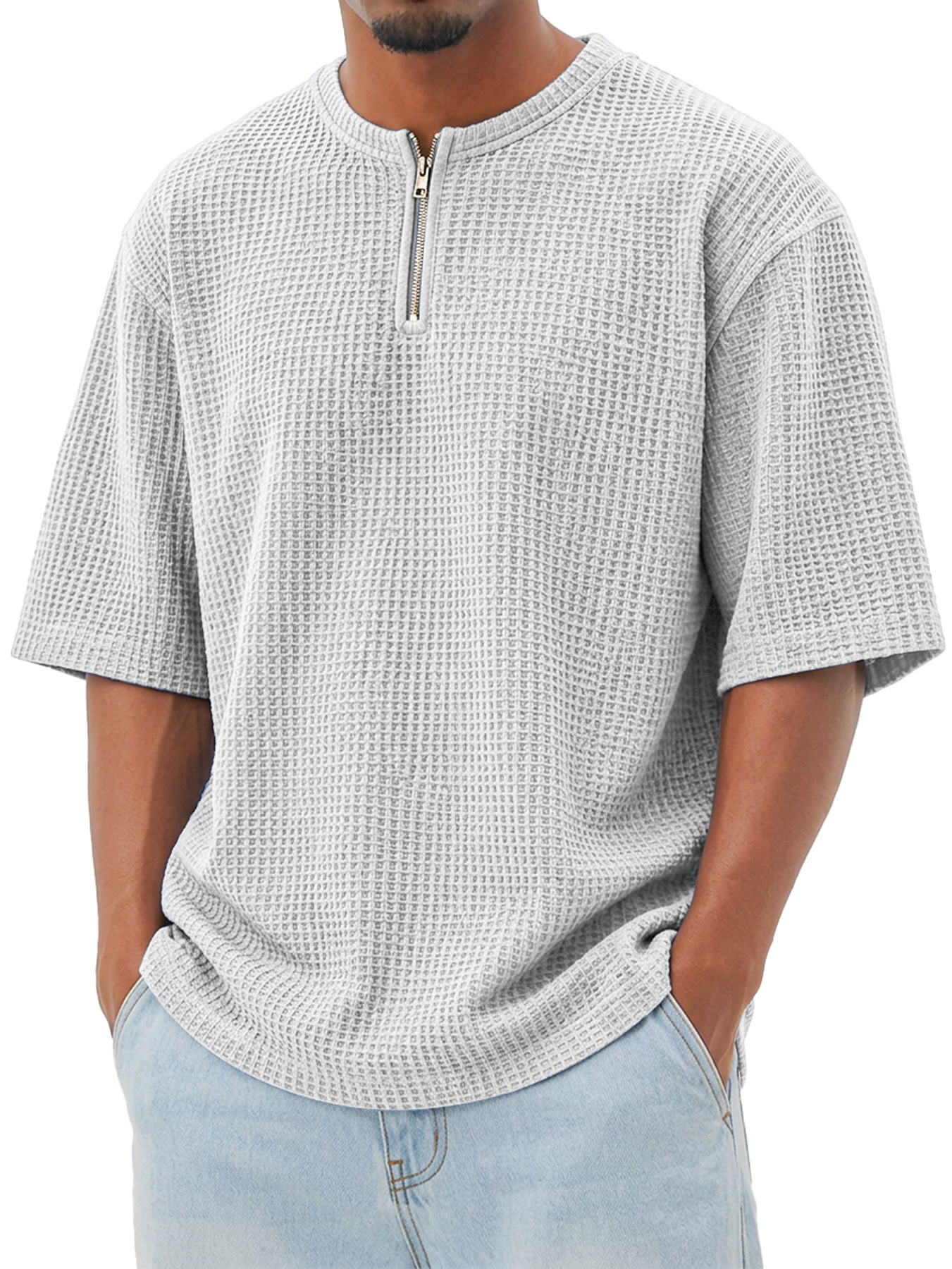 Men's Waffle-Knit Crew-Neck Short-Sleeve T-Shirt with Zipper Detail