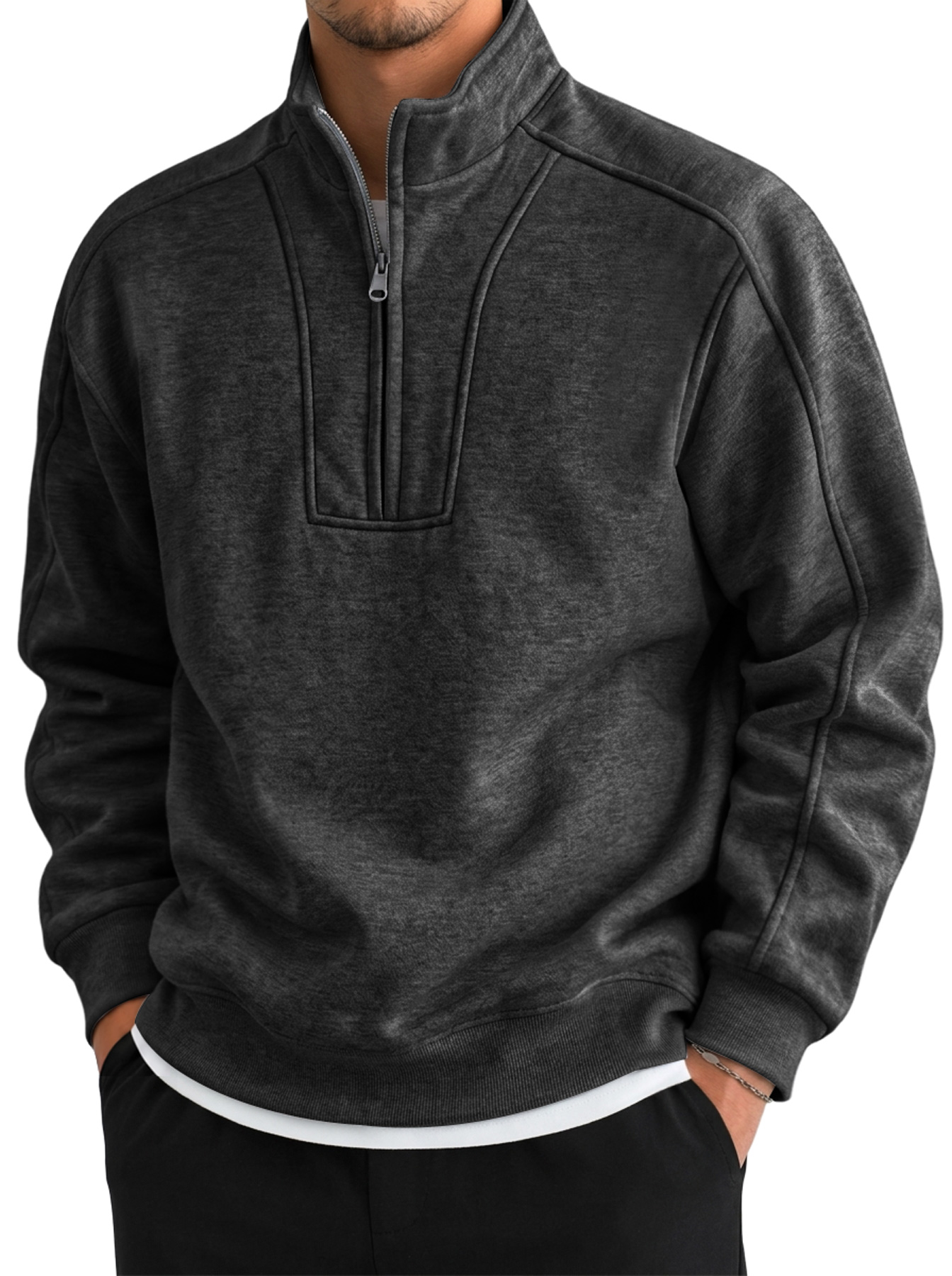 Men's Autumn/Winter Comfortable Sweatshirt with Stand Collar, Zipper, and Deconstructed Design