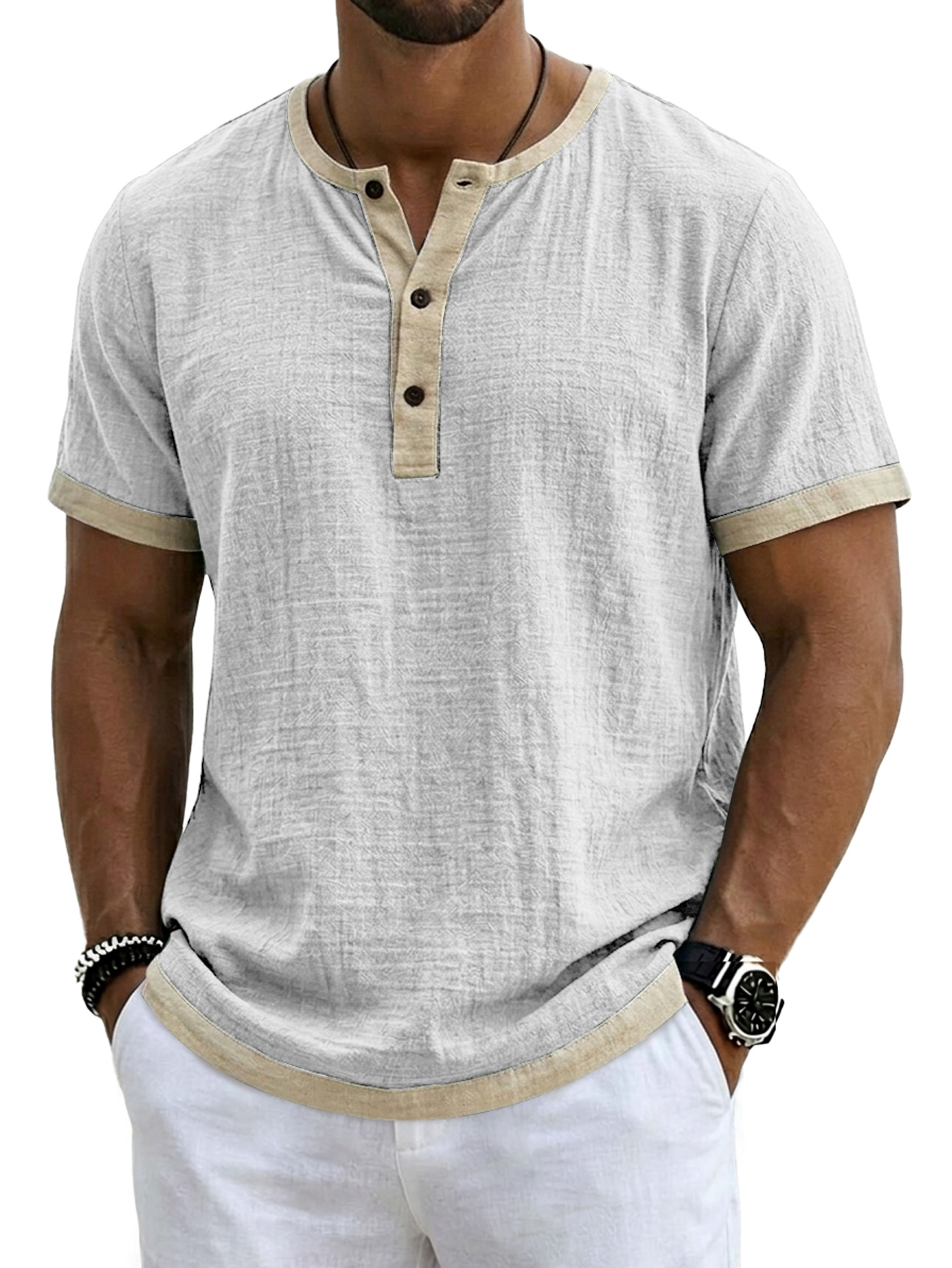 Men's Retro Linen Color Block Casual Short-Sleeve Henley Shirt