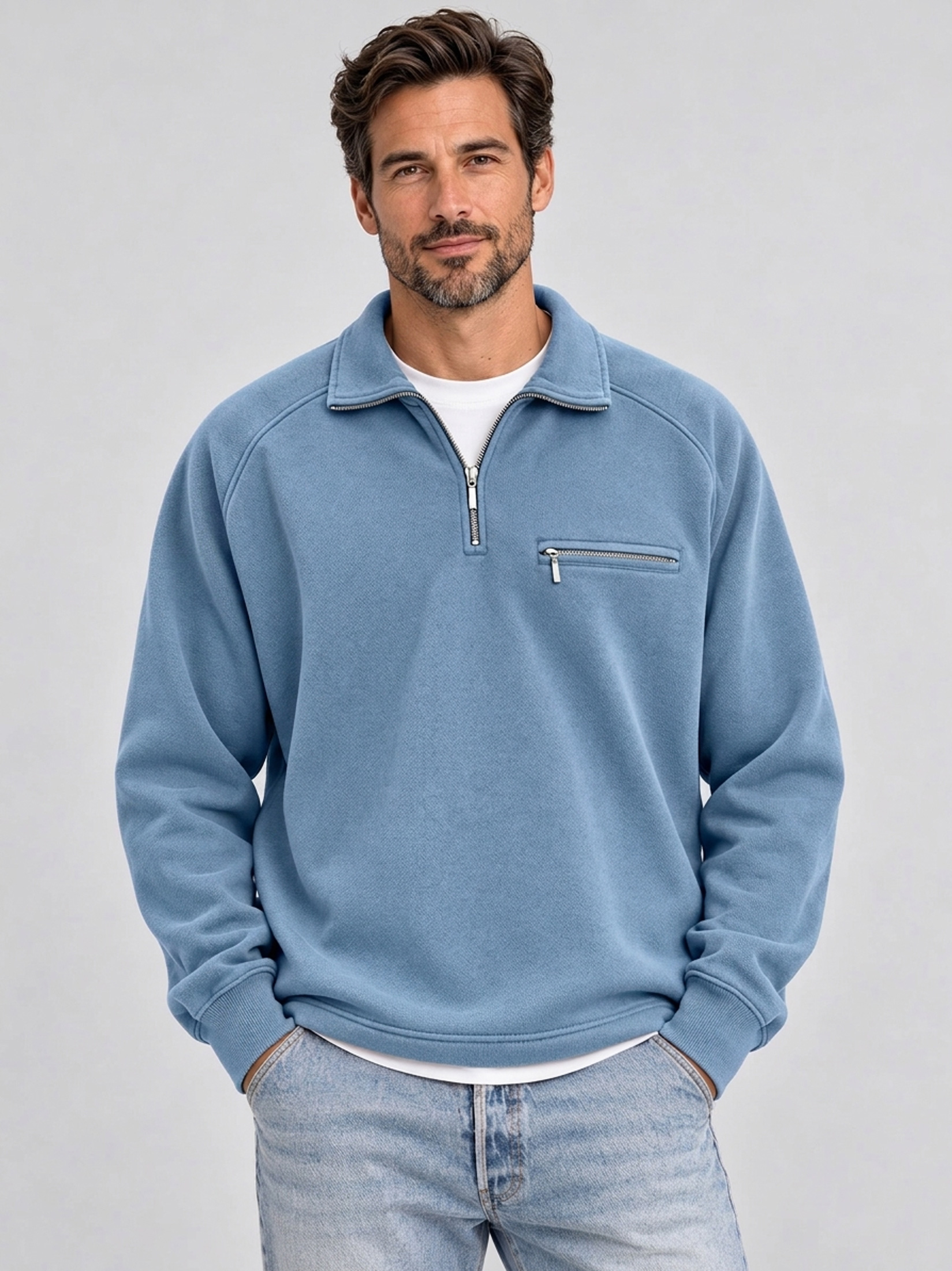 Men's Quarter-Zip Casual Sweatshirt with Collar and Zippered Pocket