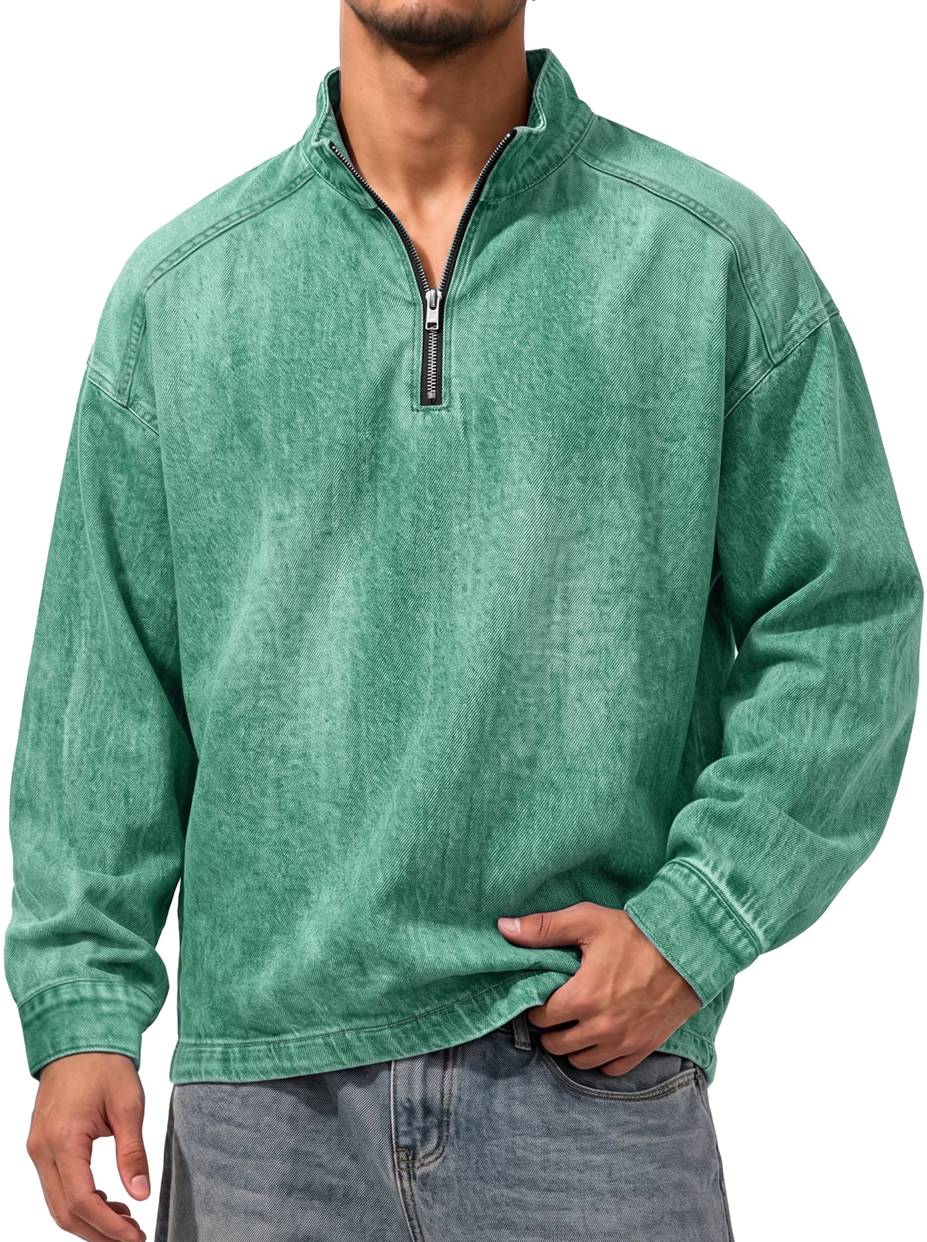 Men's Vintage Denim-Style Stand-Collar Zip-Front Casual T-Shirt