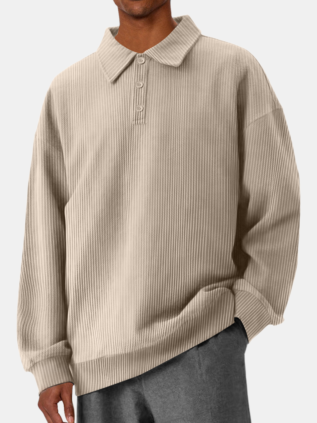 Men's Casual Pit Lapel Button Solid Color Comfortable Polo Sweatshirt