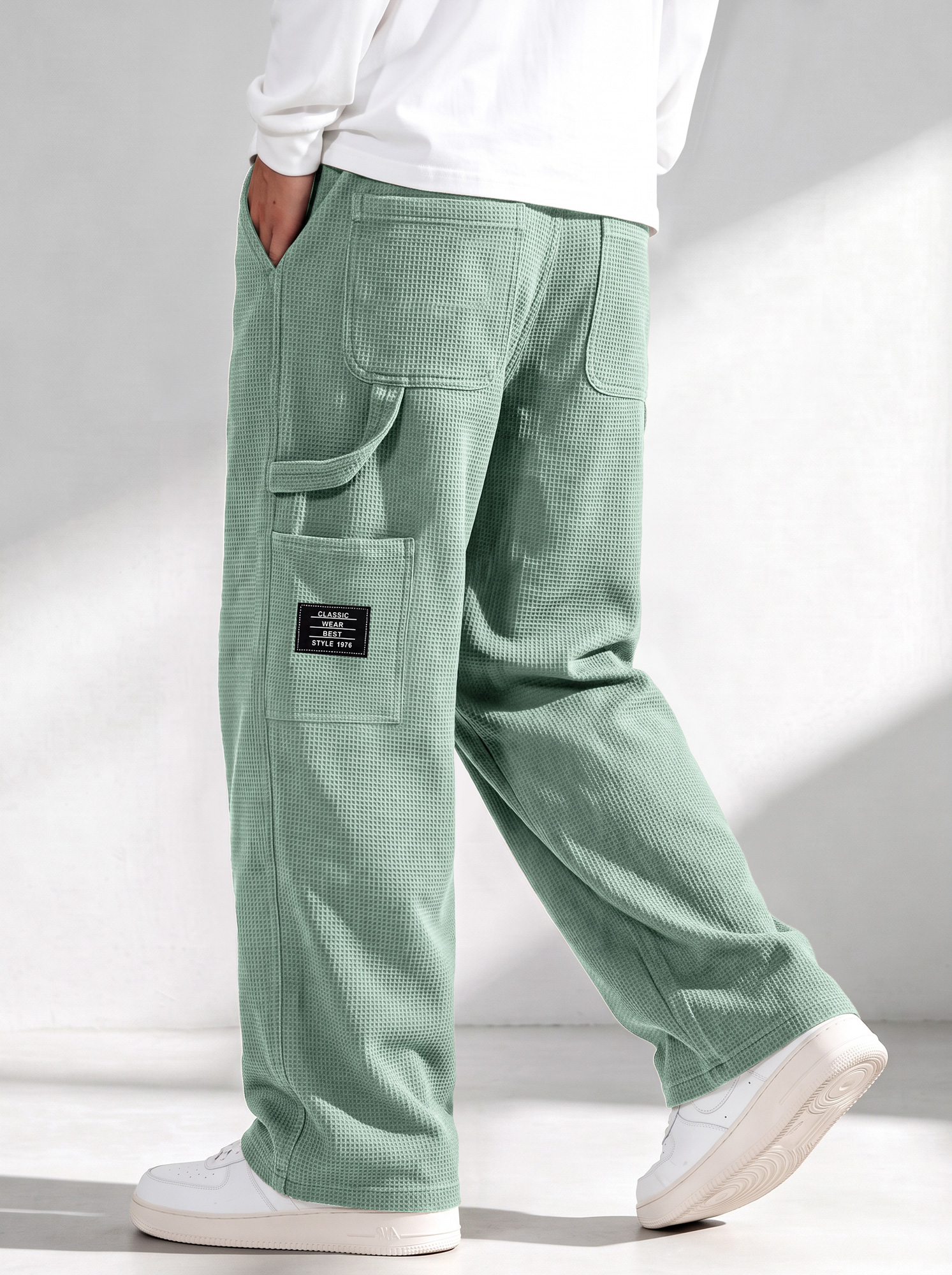Men's Waffle-Knit Casual Cargo Pants with Multi-Pockets and Embroidered Logo