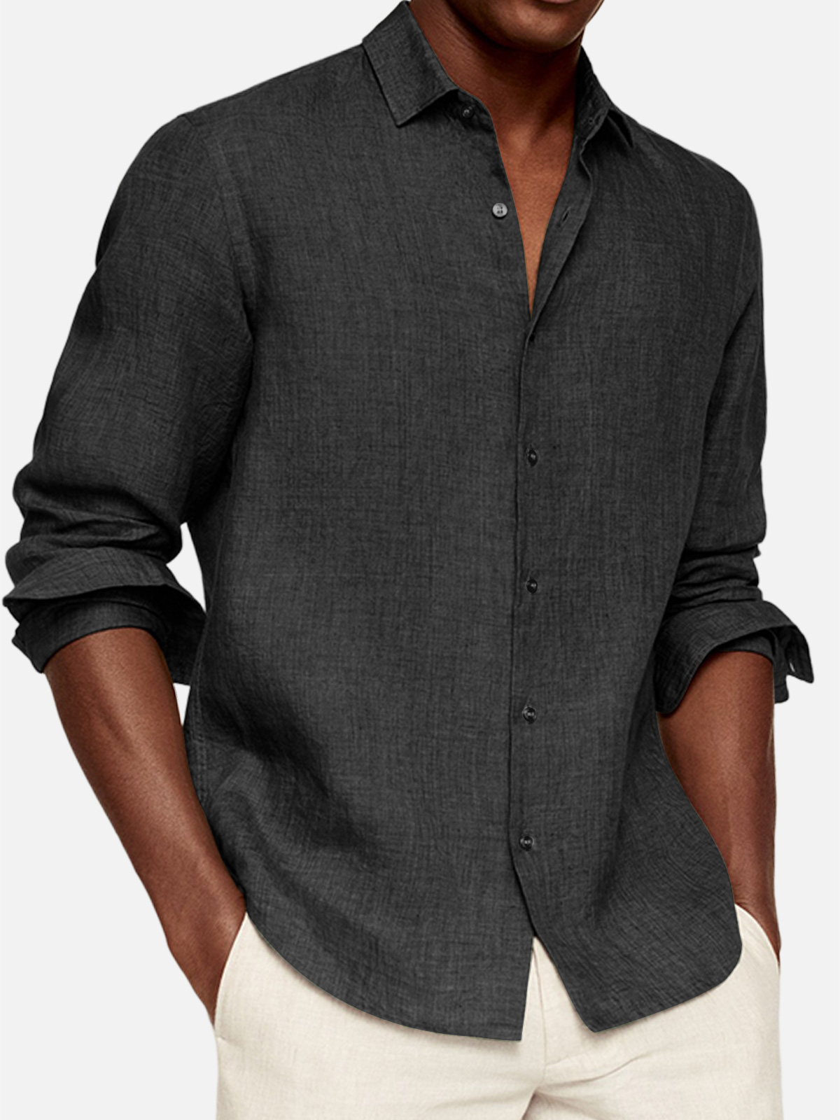 Men's Casual Cotton And Linen Solid Color Lapel Comfortable Long-sleeved Shirt