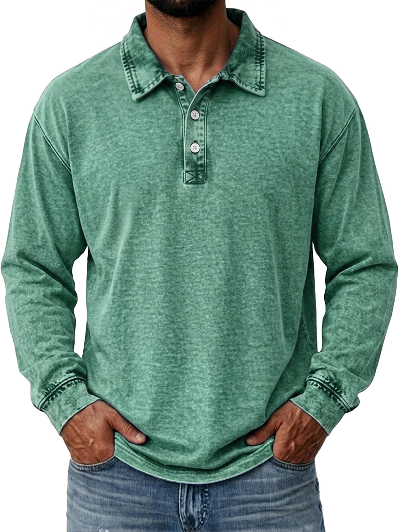 Men's Vintage Washed Cotton Long-Sleeve Polo Shirt with Collar and Button Placket