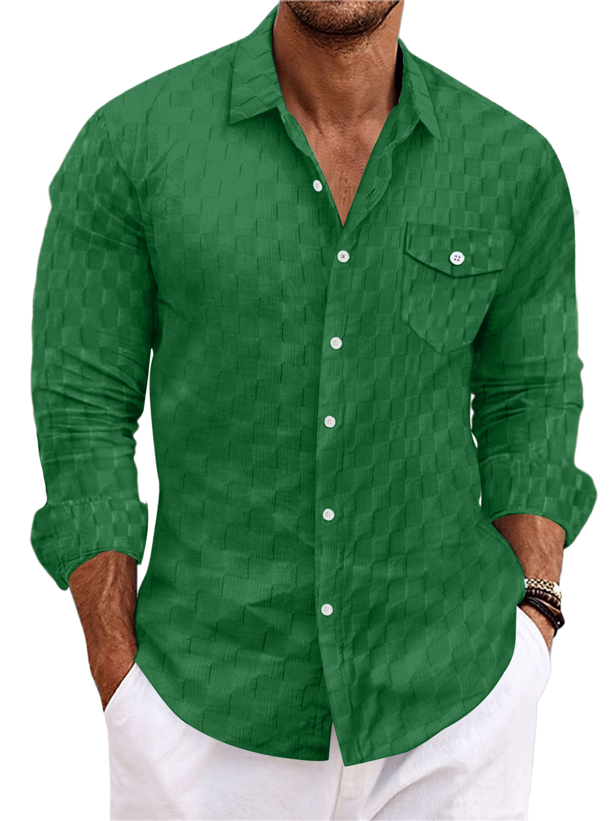 Men's Casual Plaid Jacquard Solid Color Pocket Long Sleeve Shirt