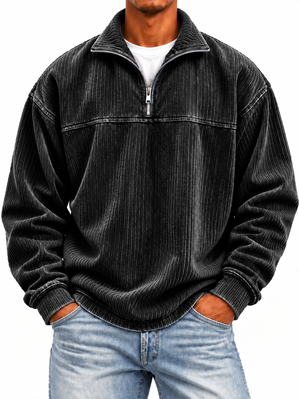 Men's Ribbed Long-sleeve Mock-neck Sweatshirt