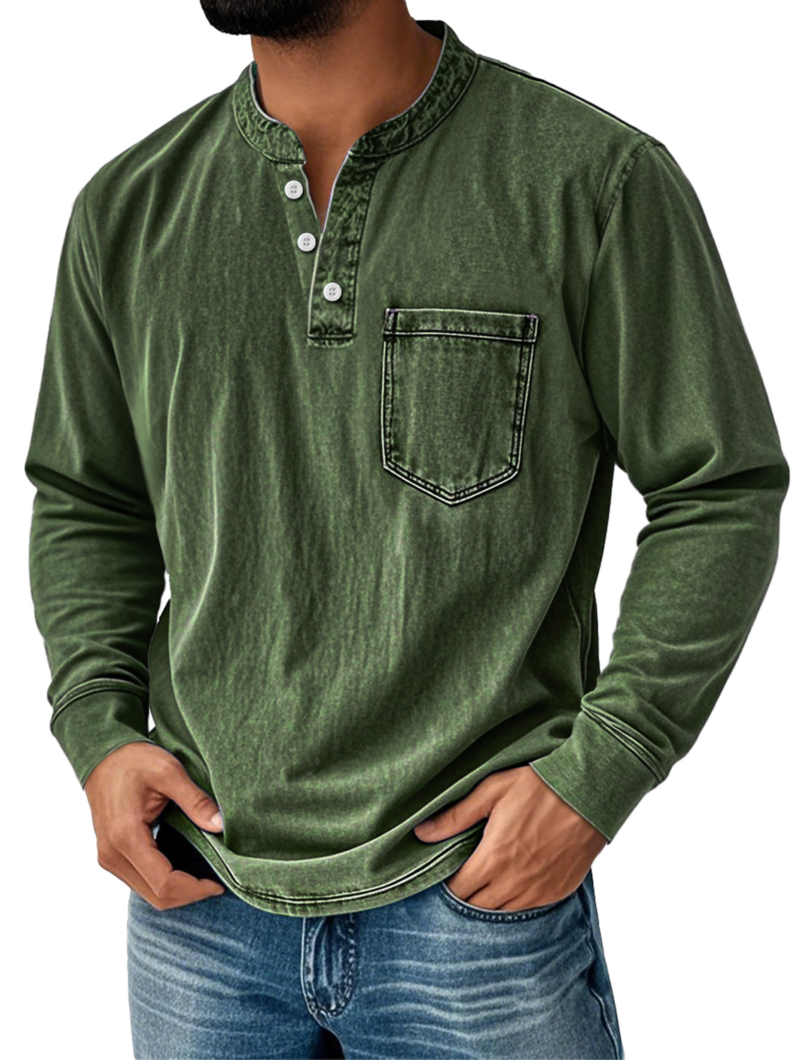 Men's Retro Stand Collar Pocket Casual Distressed Long Sleeve Henley Shirt