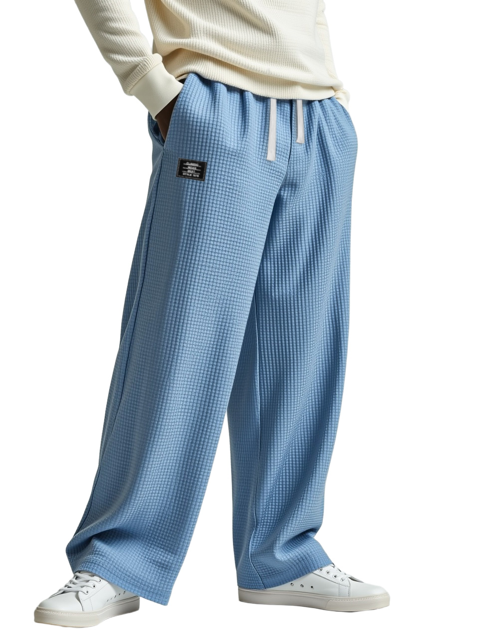 Men's Casual Solid Color Waffle Logo Loose Trousers