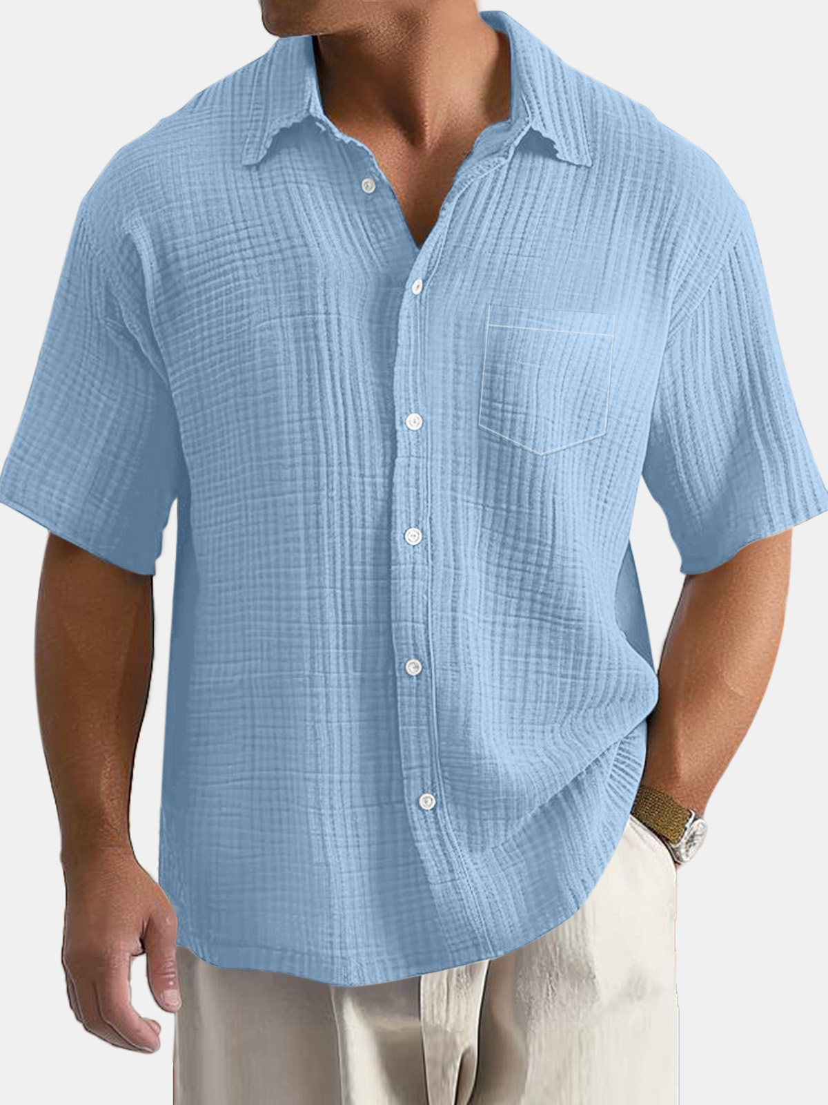 Men's Daily Simple Solid Color Textured Pocket Short-sleeved Shirt