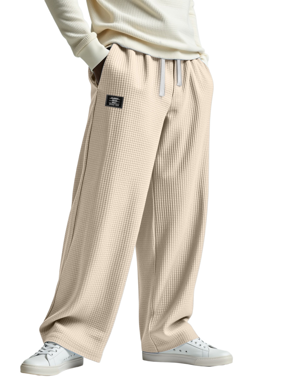 Men's Casual Solid Color Waffle Logo Loose Trousers
