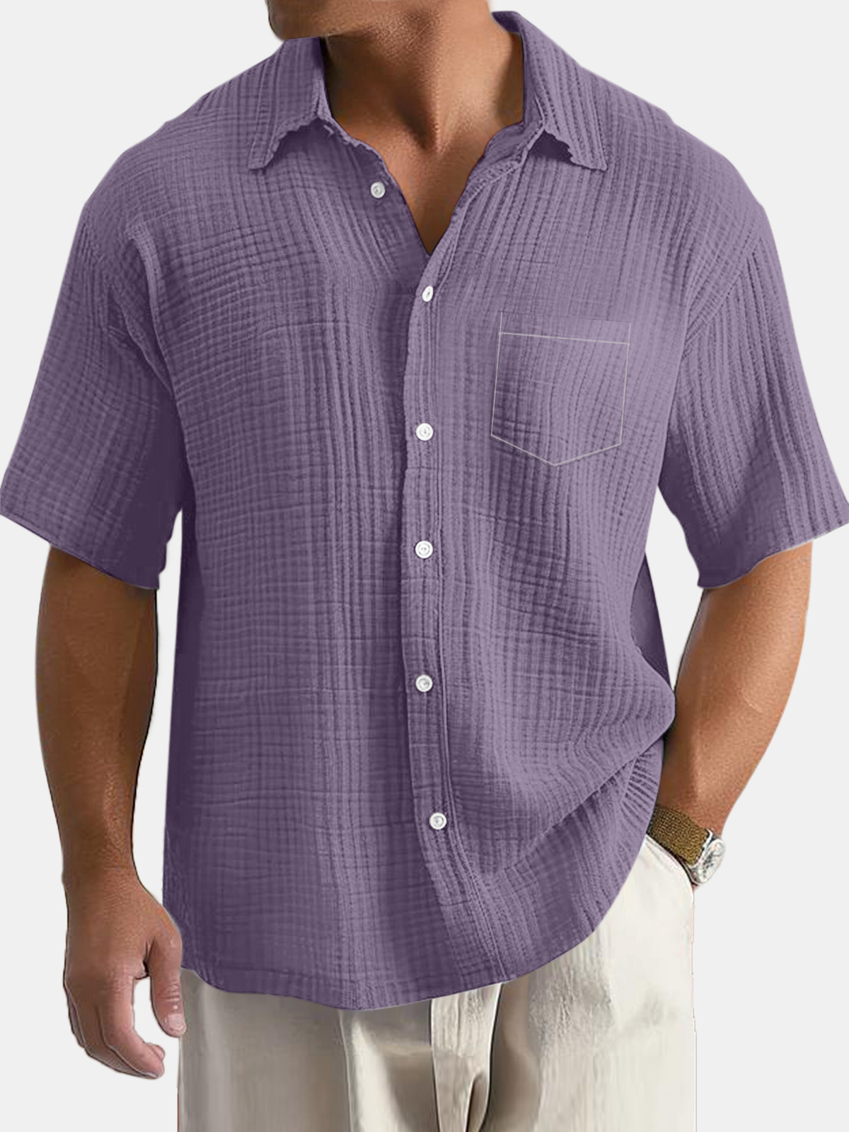 Men's Daily Simple Solid Color Textured Pocket Short-sleeved Shirt