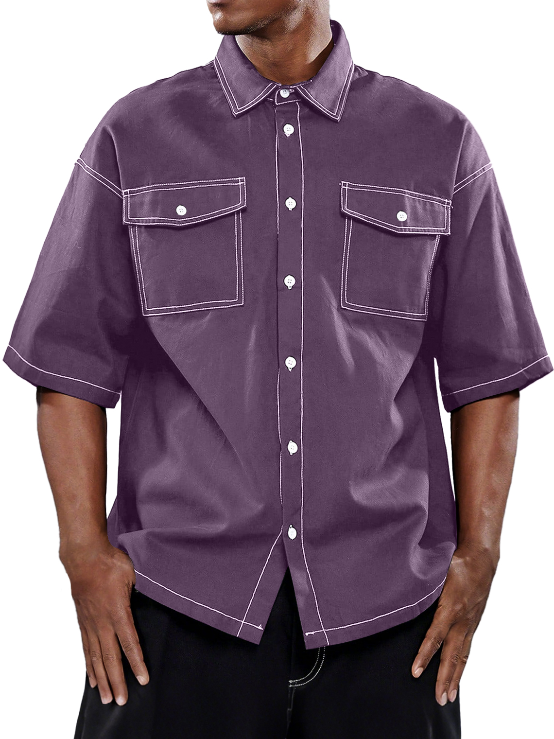 Men's Retro Workwear Double Pocket Casual Solid Color Short Sleeve Shirt