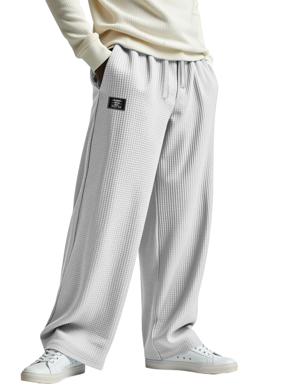 Men's Casual Solid Color Waffle Logo Loose Trousers