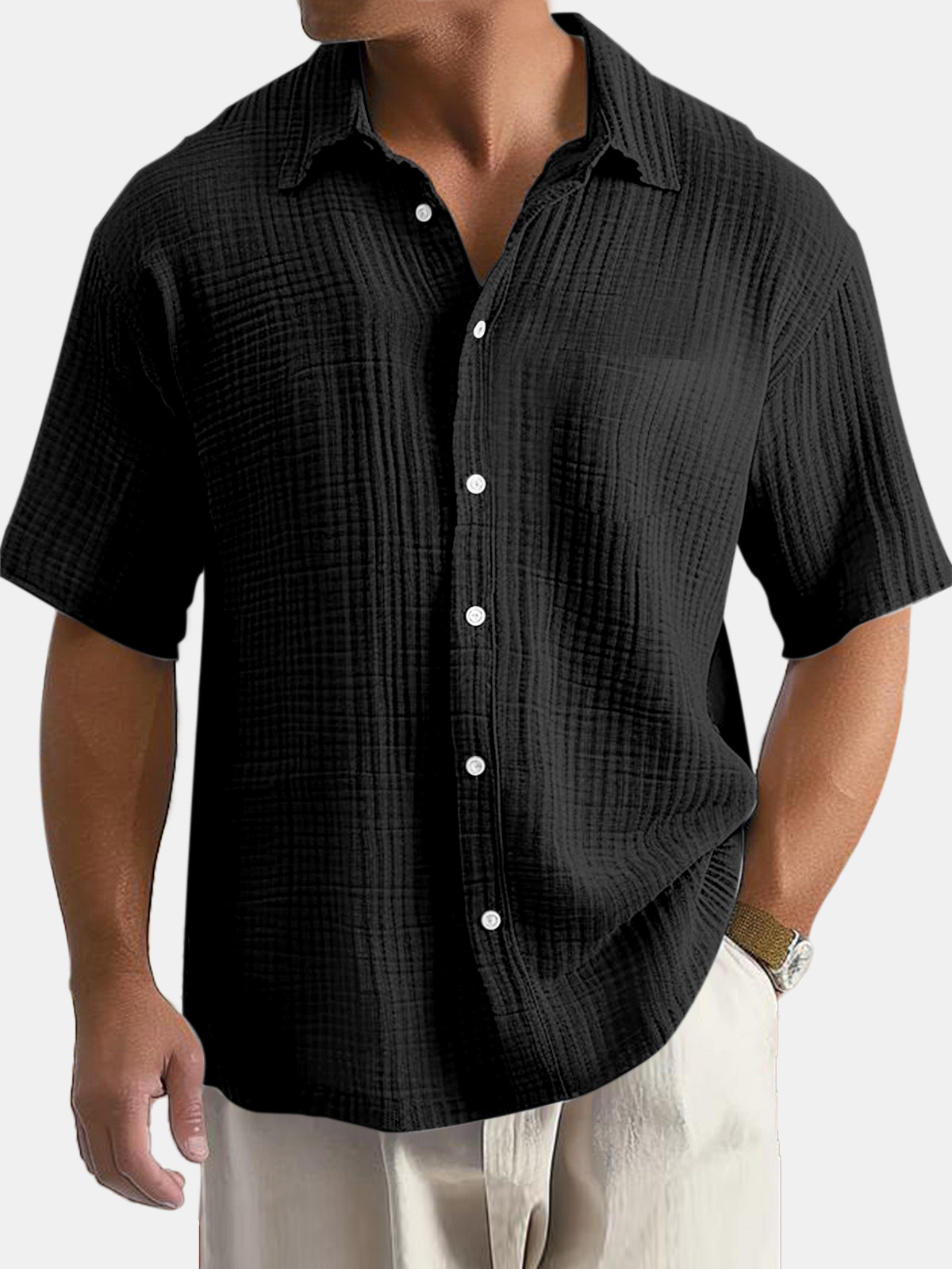Men's Daily Simple Solid Color Textured Pocket Short-sleeved Shirt
