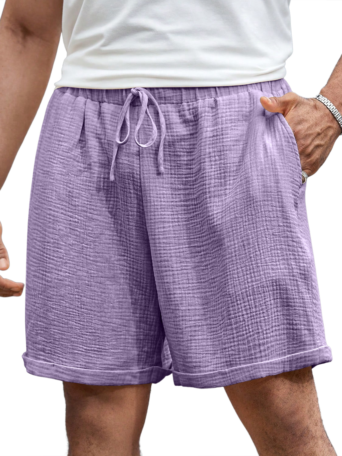 Men's Casual Pleated Elastic Waist Comfort Solid Color Shorts