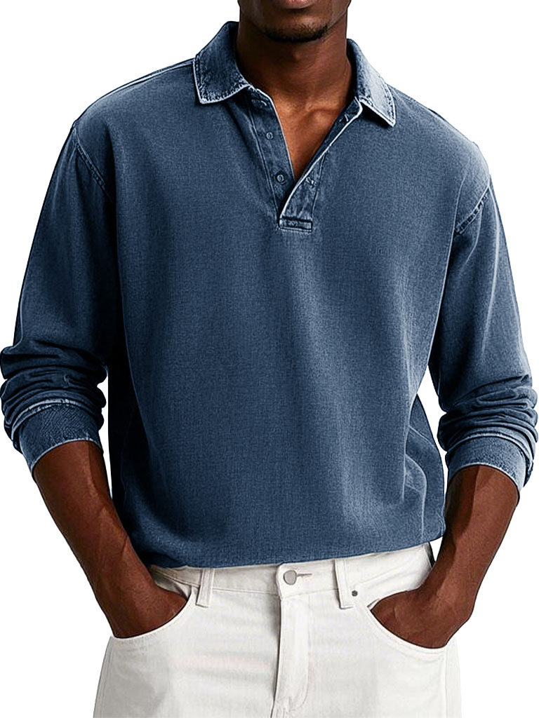 Men's Fashion Casual Retro Distressed Lapel Long-sleeved Polo Shirt 