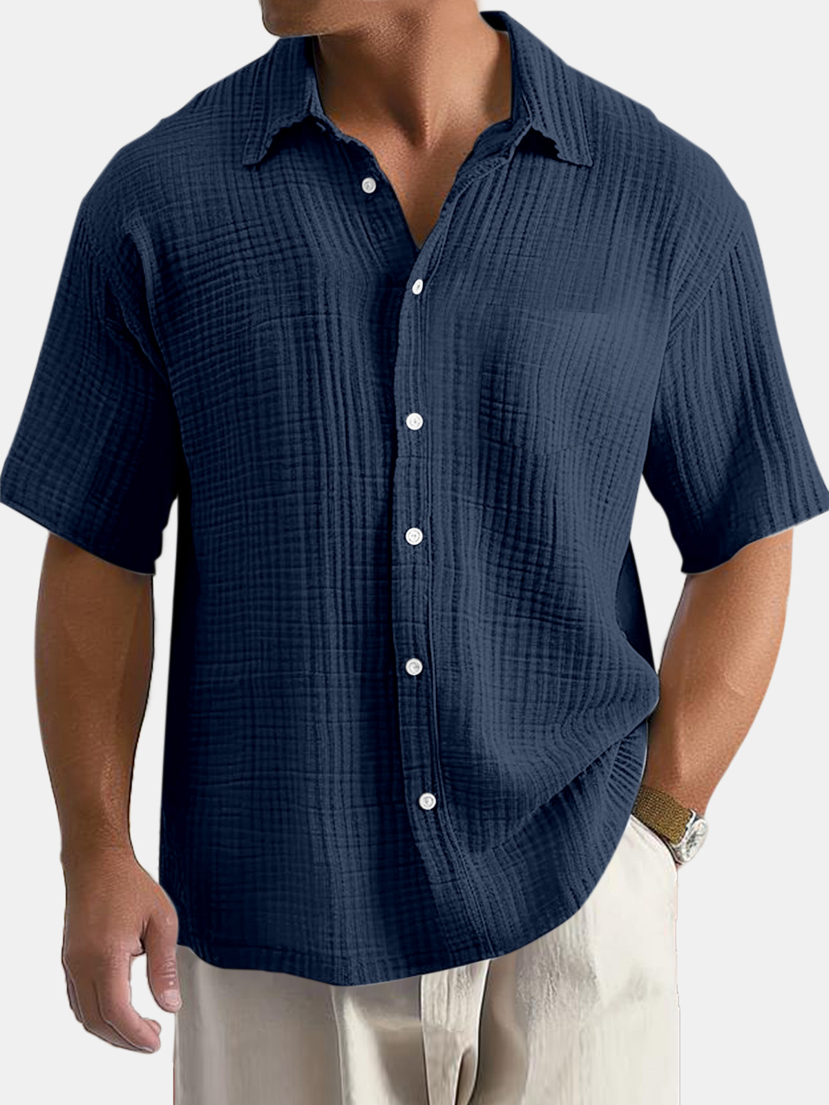 Men's Daily Simple Solid Color Textured Pocket Short-sleeved Shirt