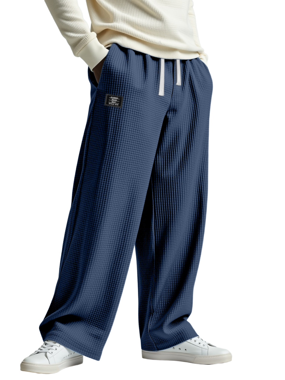 Men's Casual Solid Color Waffle Logo Loose Trousers