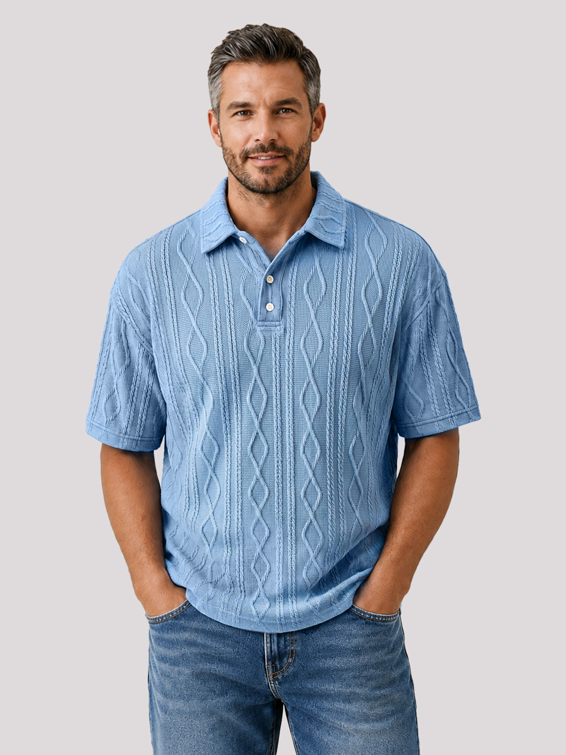 Men's Short-Sleeve Jacquard-Texture Polo Shirt with Collar and Button Placket