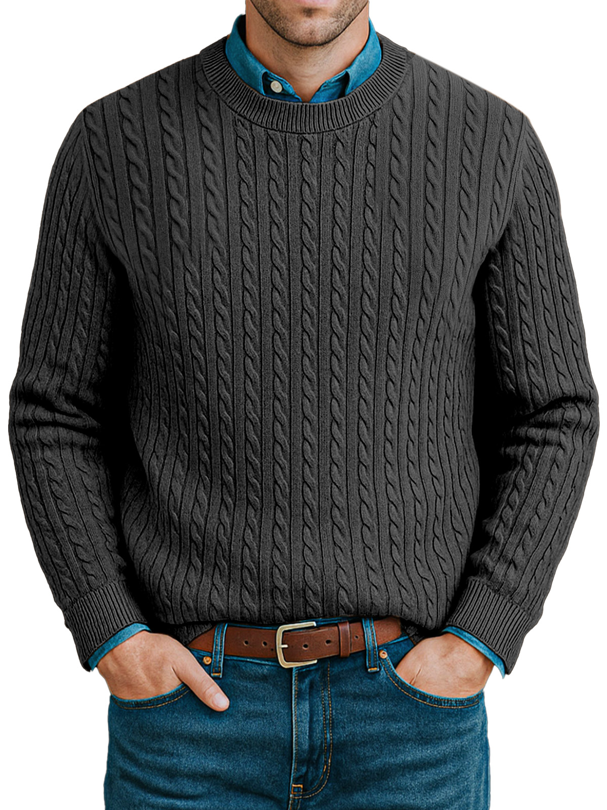 Men's Casual Twist Knitted Versatile Crew Neck Sweater