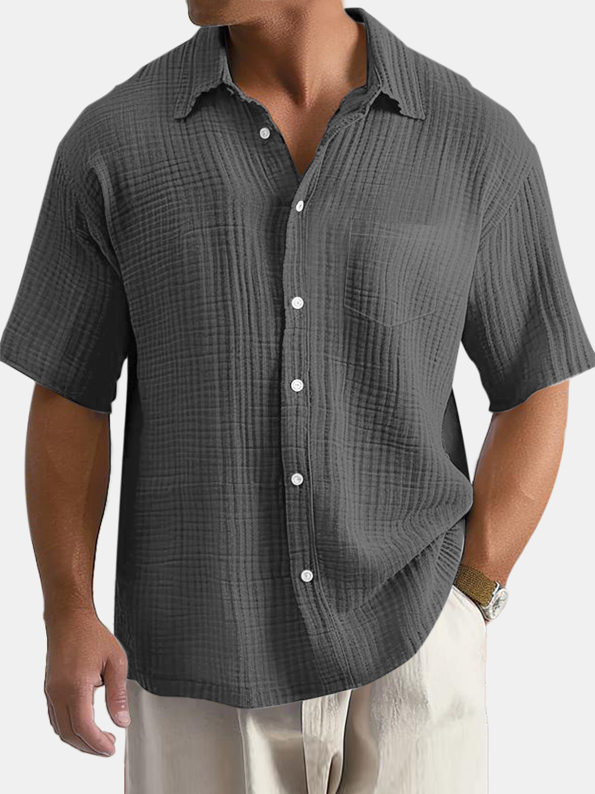Men's Daily Simple Solid Color Textured Pocket Short-sleeved Shirt